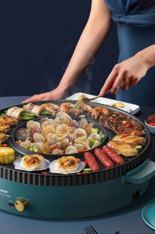 Hot Pot with Grill, 2 in 1 Indoor Non-Stick Electric Hot Pot and Frying  Pan, Black, White Portable Electric BBQ Grill for Indoor Party Family