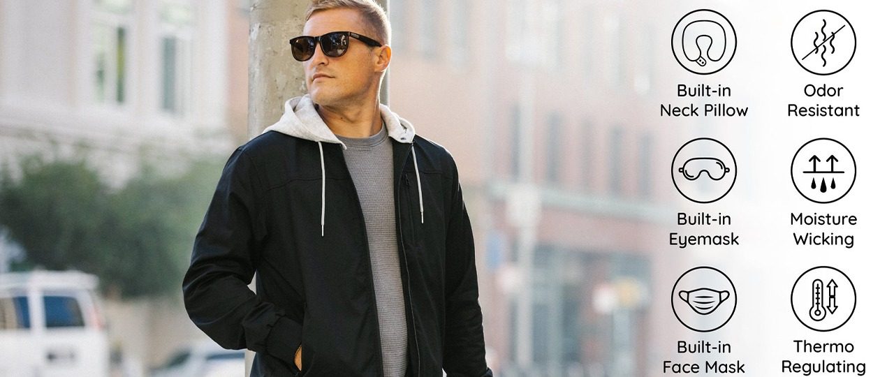 This travel hoodie has a built-in face mask 